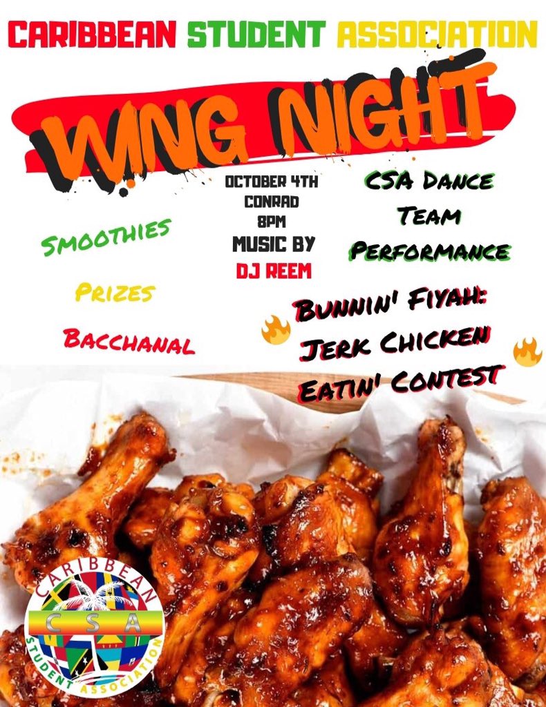 CSA_DSU's tweet photo. CSA hosts wing night 🇦🇬🇧🇧🇧🇸🇨🇷🇨🇺🇬🇩🇬🇵🇬🇾🇭🇹🇯🇲🇰🇳🇱🇨🇰🇾🇹🇹🇻🇮  New flavor: Jerk Chicken ! Caribbean music ! Smoothies ! CSA Dance team performance ! Jerk Chicken eating contest ! Don't miss it #DSU #DSUCSA https://t.co/jlLFk7KuQr