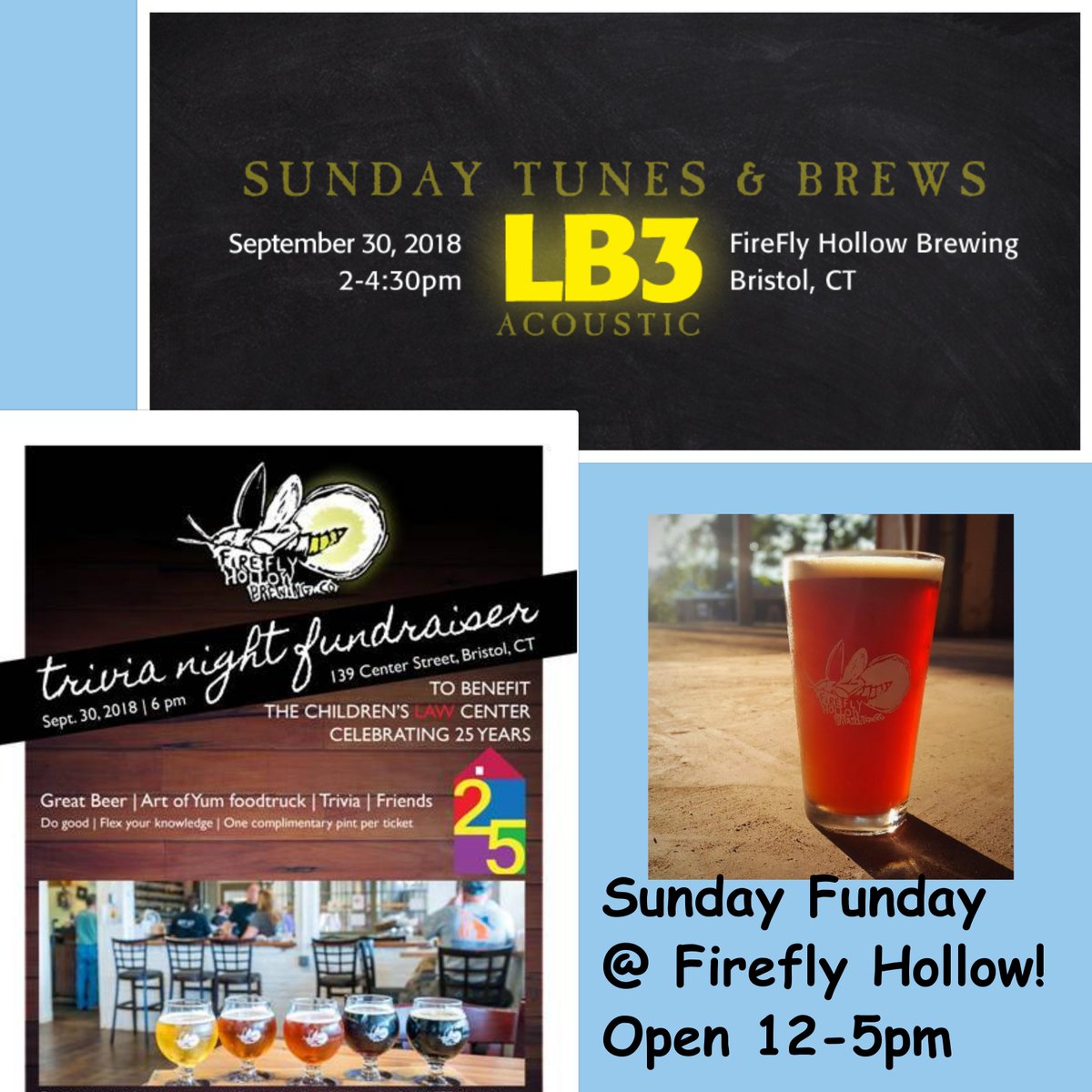 Join us on this Sunday Funday for Live Music by LB3 at 2pm (no cover) and CLC Trivia Night Fundraiser at 6pm. Tickets and more information for trivia night are available here: ow.ly/16p030m2alh See you soon! #fireflyhollow #livemusic #trivia #CTcraftbeer #CTbeer #CLC25th