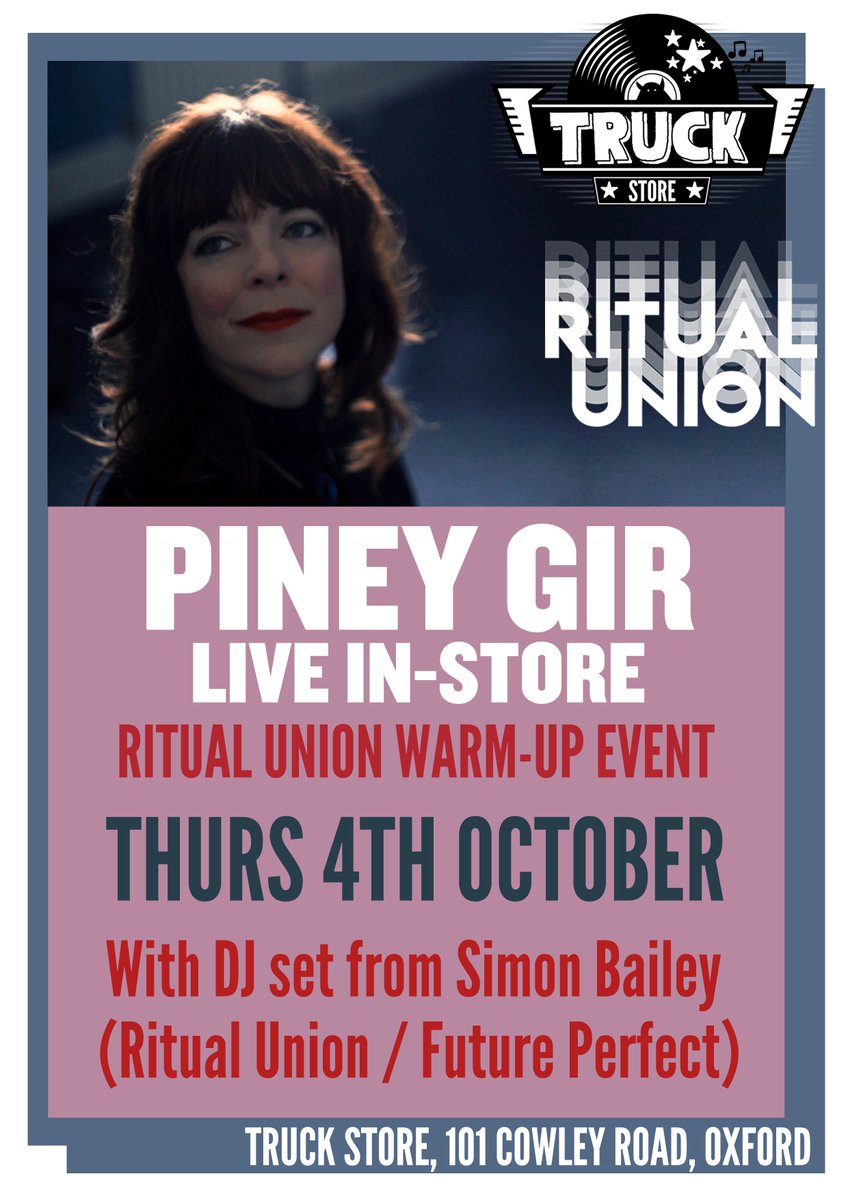 Next week join us for our <a href="/ritual_union/">Ritual Union Bristol</a> warm up! A free live in-store at @TruckMusicStore with <a href="/PineyGir/">Piney Gir</a> followed by a DJ set from Simon Bailey, the man behind Future Perfect and Ritual Union 🙌🏻 Be sure to get down early to ensure entry! 💥