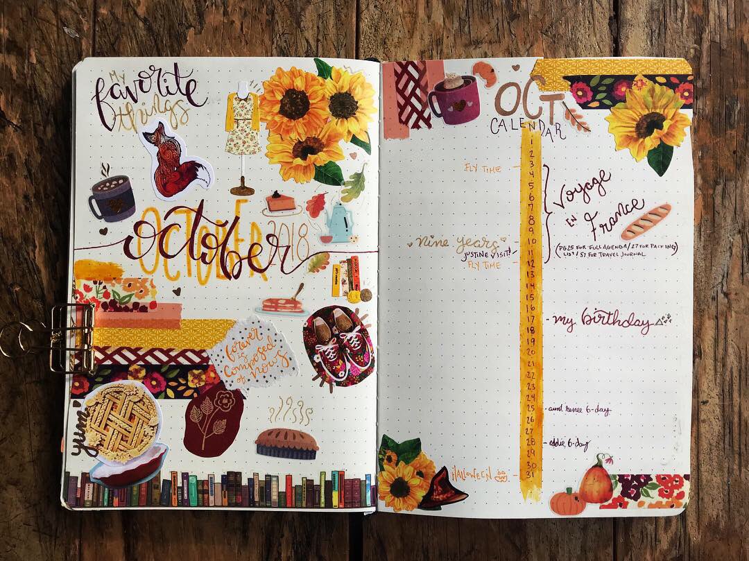 KatieDiek's tweet photo. 🌻💛🍃🦊🥧🎂 October is my birthday month so my journal is just all of my favorite things #bulletjournal #bujo https://t.co/7IVBmfz9vz