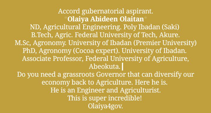 iam_oara's tweet photo. @Olaiya4OyoGov of @AccordOyo
He's Yoruba.
He's our next Governor.
Òmó Ibadan ni.
Our faith is #Unbroken2018
Our IGR must overtake that of #Lagos
We need diversification to Agriculture and join the #Harvesters
Here's our Man 👆
#WalkAwayCampaign #WalkAwayfromAPCandPDP
#Nigeria https://t.co/boCfMpBD4f