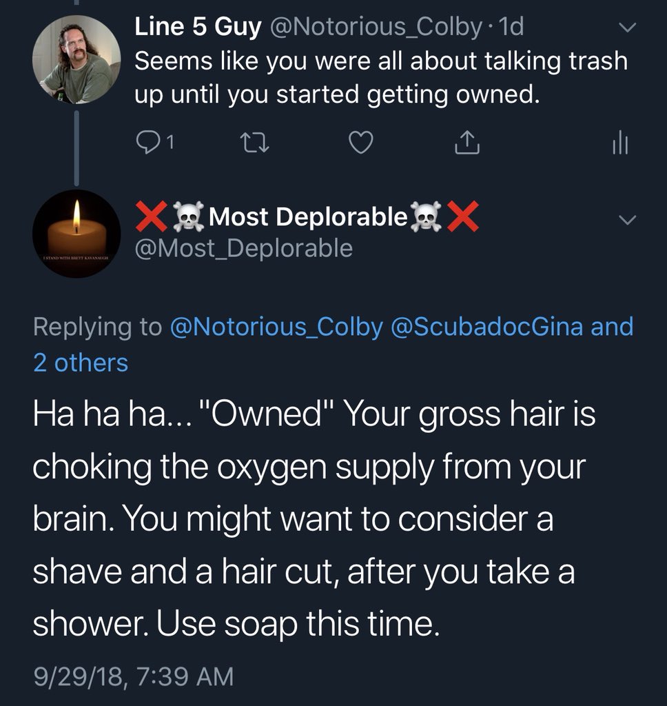 Notorious_Colby's tweet photo. @Most_Deplorable @x187hntr @NormandyG @imillhiser Oooh! The scowl emoji so you know he’s serious. This dumb shit thought my avi was an actual pic of me. https://t.co/wY0EutQ1zI