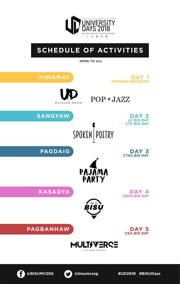 bisumcssg's tweet photo. Here are the following schedule of activities, big days and nightly highlights for the entire University Days 2018. Brace yourself for a fun loaded October.
#UD2018 #BISUDays https://t.co/zJnap1ZNoa