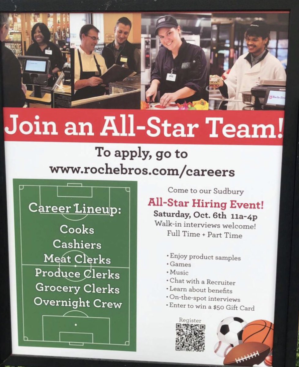 FaheyKate's tweet photo. Come join our all-star team! 11-4 this Saturday at Sudbury Farms.  439 Boston Post Rd. Sudbury, MA. #rochebros #sudburyfarms #grocerystore #family #allstarteam  #jobsoppertunities #allarewelcome  #Sudbury #townofsudbury #careers #interviews #apply #cooks #cashiers #meat #produce https://t.co/HFzF1GlTQb