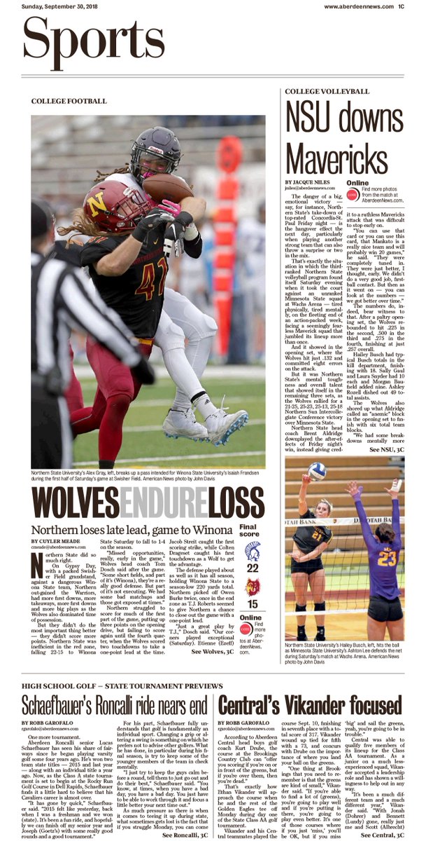 aberdeensports's tweet photo. #SportsPageOne:
🏈@NSUFOOTBALL endures loss
🏐@NorthernStateU downs #Mavericks
⛳Schaefbauer's @AberRoncalli ride nears end
⛳Central's Vikander focused https://t.co/C2bYBWmOJw