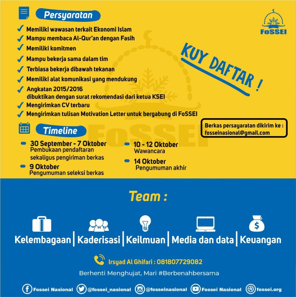 Assalamualaikum wr. wb
Ekonom Robbani? Bisa!!! 
Open Recruitment Badan Pekerja Nasional FoSSEI 2018-2019. Persyaratan bisa cek di Gambar 😊
<a href="/fossei_nasional/">FoSSEI NASIONAL</a>

#mariberbenahbersama
#FoSSEI
#ekonomrabbani 
#kaseifebur 
#universitasriau 
#fosseisumbagteng