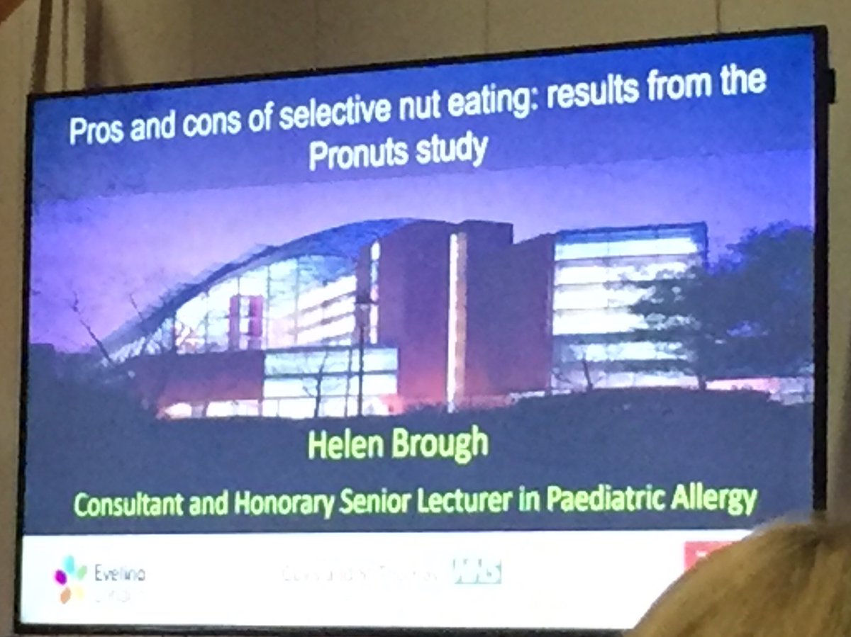 KNewmanPhD's tweet photo. Next is @broughallergy looking at the pros and cons of selective nut eating: results from the Pronuts study. #BSACI2018 #foodallergy #nutallergy #Pronuts https://t.co/u9mWcfVNiT