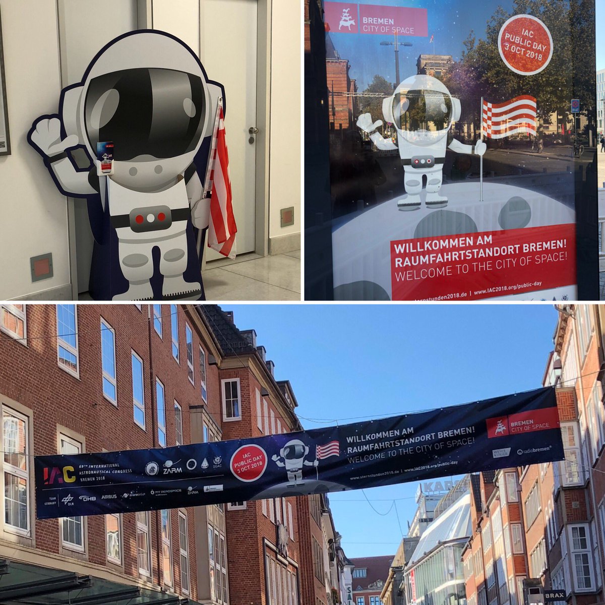 ruthpkelly's tweet photo. Excitement is building! All the streets of #Bremen are decked with the little #iac2018 spaceman! Opening ceremony’s tomorrow! #involvingeveryone #onewebforall https://t.co/GMw3veHO6F
