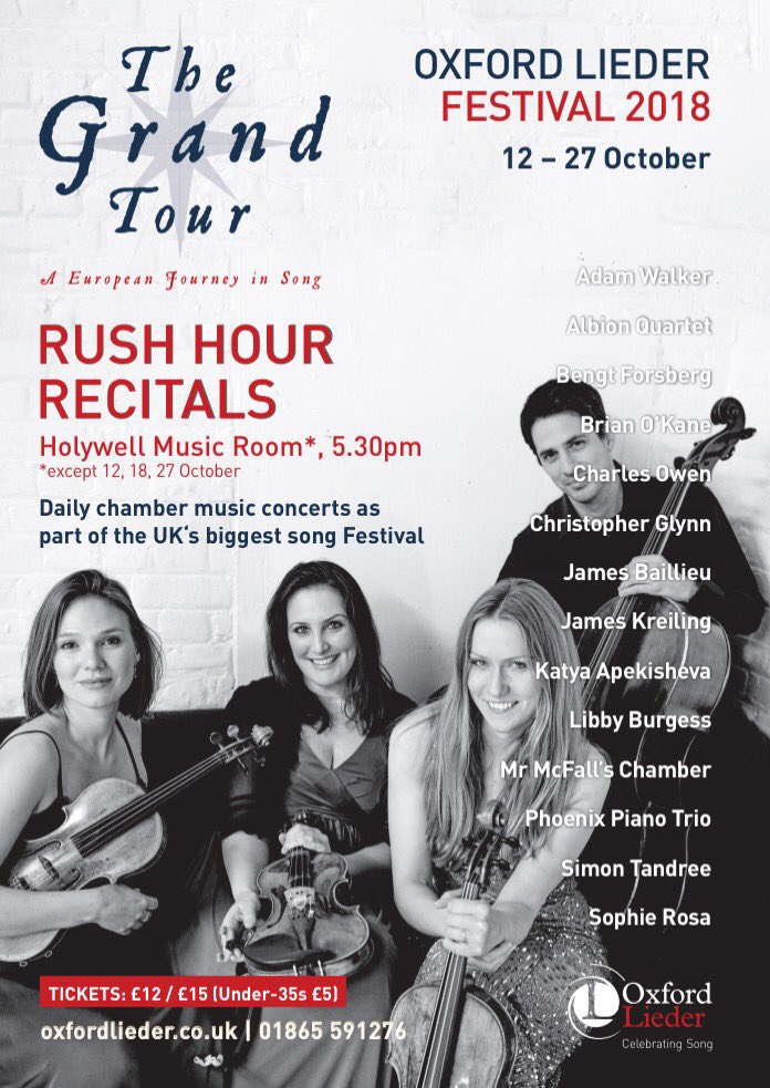 A superb series of #chambermusic complements the Festival's many song recitals. Taking place daily at 5.30, our rush hour recitals are the perfect way to #unwind after work.
BOOK NOW oxfordlieder.co.uk/events/categor…

#NotJustLiederFestival