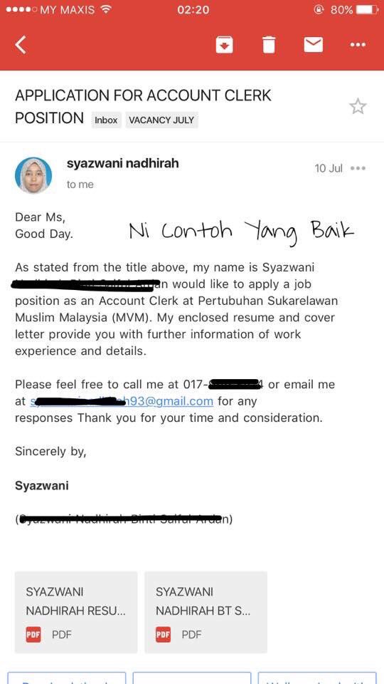 aaizatnizam's tweet photo. Nak tahu format mintak kerja melalui email? Boleh tengok gambar kat bawah ni jadikan rujukan. 

Jangan lupa RT and share dengan kawan kawan 🌸 https://t.co/YfwiGEfzny
