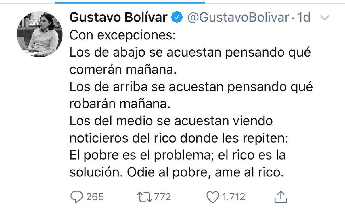 carolicek's tweet photo. El congresista @GustavoBolivar confiesa que se acuesta pensando en qué robarnos.

Ademá$ del buen nombre del país, claro. https://t.co/5YQkeVqcpW