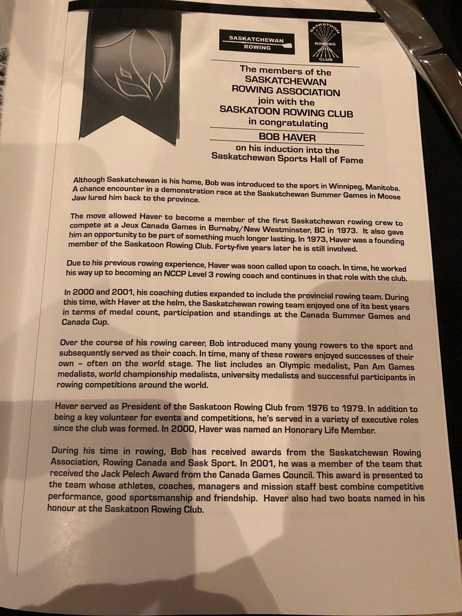SaskRowing's tweet photo. Congratulations Bob Haver for your Induction into the Saskatchewan Sports Hall of Fame. Thank you for all you do for rowing! #rowsask #rowforlife https://t.co/ahkLK06S2X