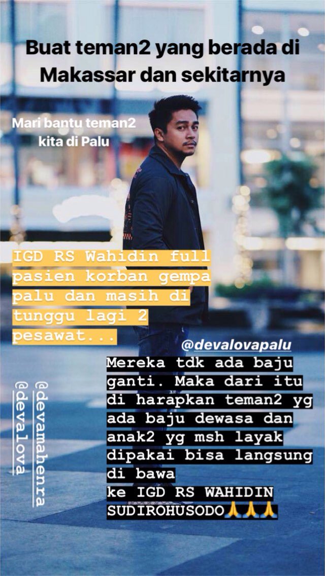 DevalovaMks_'s tweet photo. Mari kita bantu teman2 korban Bencana di Palu 
#PrayForPalu #PrayForSulawesiTengah #devalova #devamahenra https://t.co/rpRTnr567M