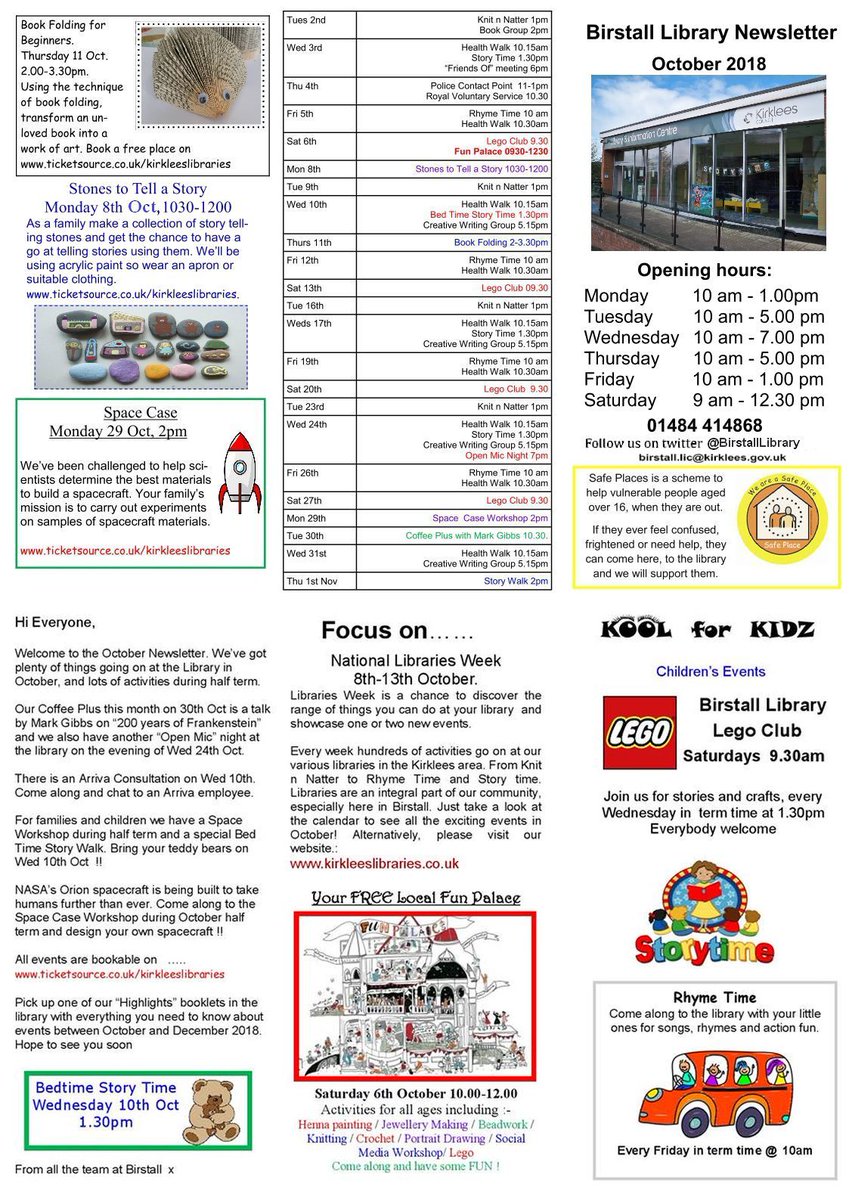 BirstallLibrary's tweet photo. Welcome to our October Newsletter with details of Activities, Events &amp; Opening Hours.
@BirstallLibrary learn|play|relax https://t.co/A3Xzgrszf3