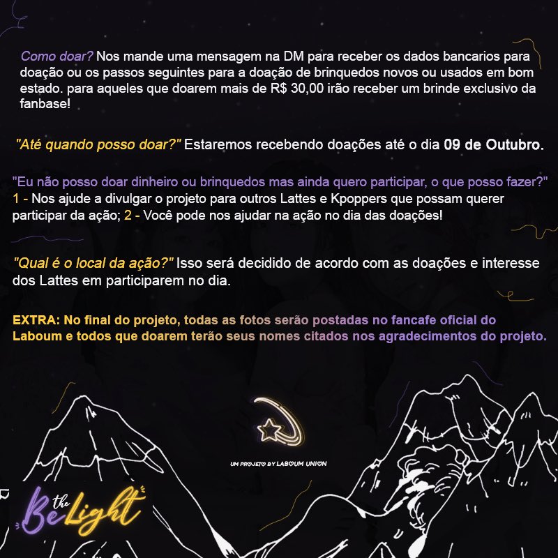 laboumsquadbr's tweet photo. [✨] É com imensa alegria que anunciamos nos primeiro projeto social; Be The Light! Seremos luzes através do Laboum 💜 @officialLABOUM

📅 Período para doação: 30/09 à 09/10
🎁 Doacoes com valores acima de R$ 30,00 receberão um brinde especial 
💌 Dados para doação em nossa DM https://t.co/70N9Vu7TrD