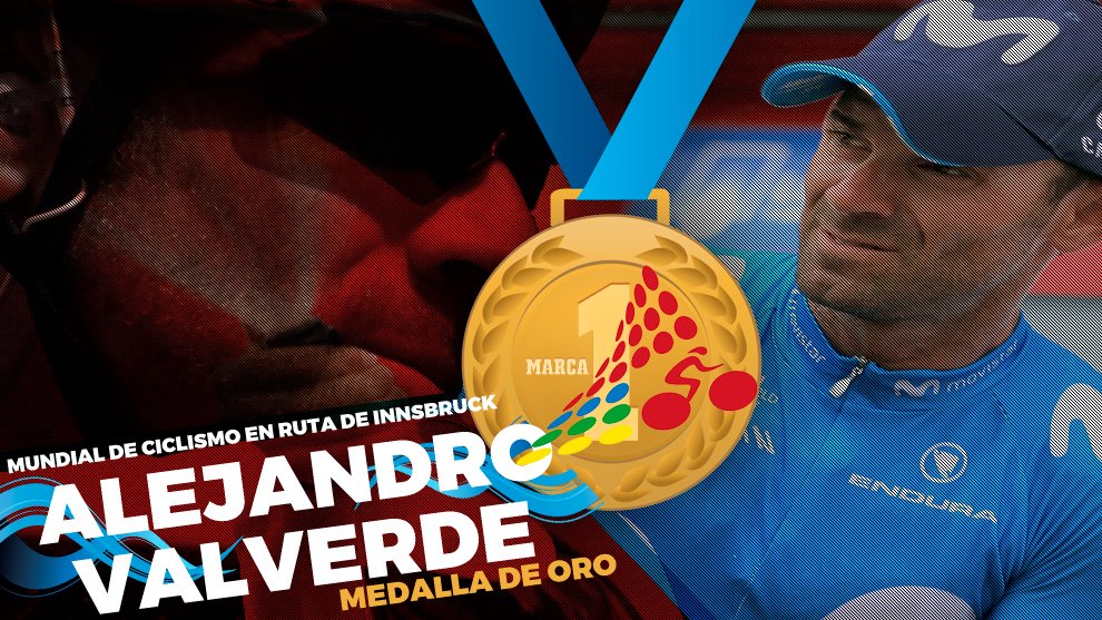 marca's tweet photo. FINAL #InnsbruckTirol2018 | ¡VALVEEEEEEEEEEEEEEERDE CAMPEÓN DEL MUNDO! @AlejanValverde consigue el Mundial a sus 38 años, después de seis medallas, dos de plata y cuatro de bronce, llega el ORO que tanto se merecía. HISTÓRICO 🇪🇸🥇🚴‍♂️https://t.co/kmZk296YJM https://t.co/RmdFdogPWe