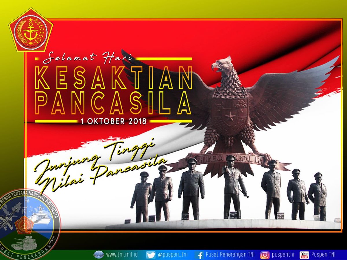 Puspen_TNI's tweet photo. Selamat Hari Kesaktian Pancasila “1 Oktober 2018” 🙏🏾😎🇲🇨 #HariKesaktianPancasila https://t.co/U3otEk6YCx
