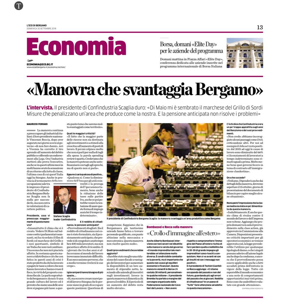 ConfindustriaBG's tweet photo. Intervista di @stscaglia Presidente di #ConfindustriaBG a @webecodibergamo. La manovra svantaggia #Bergamo. Le risorse non sono destinate a crescita, investimenti e a nuovi posti di lavoro. #DEF https://t.co/dNbFfnXVZs