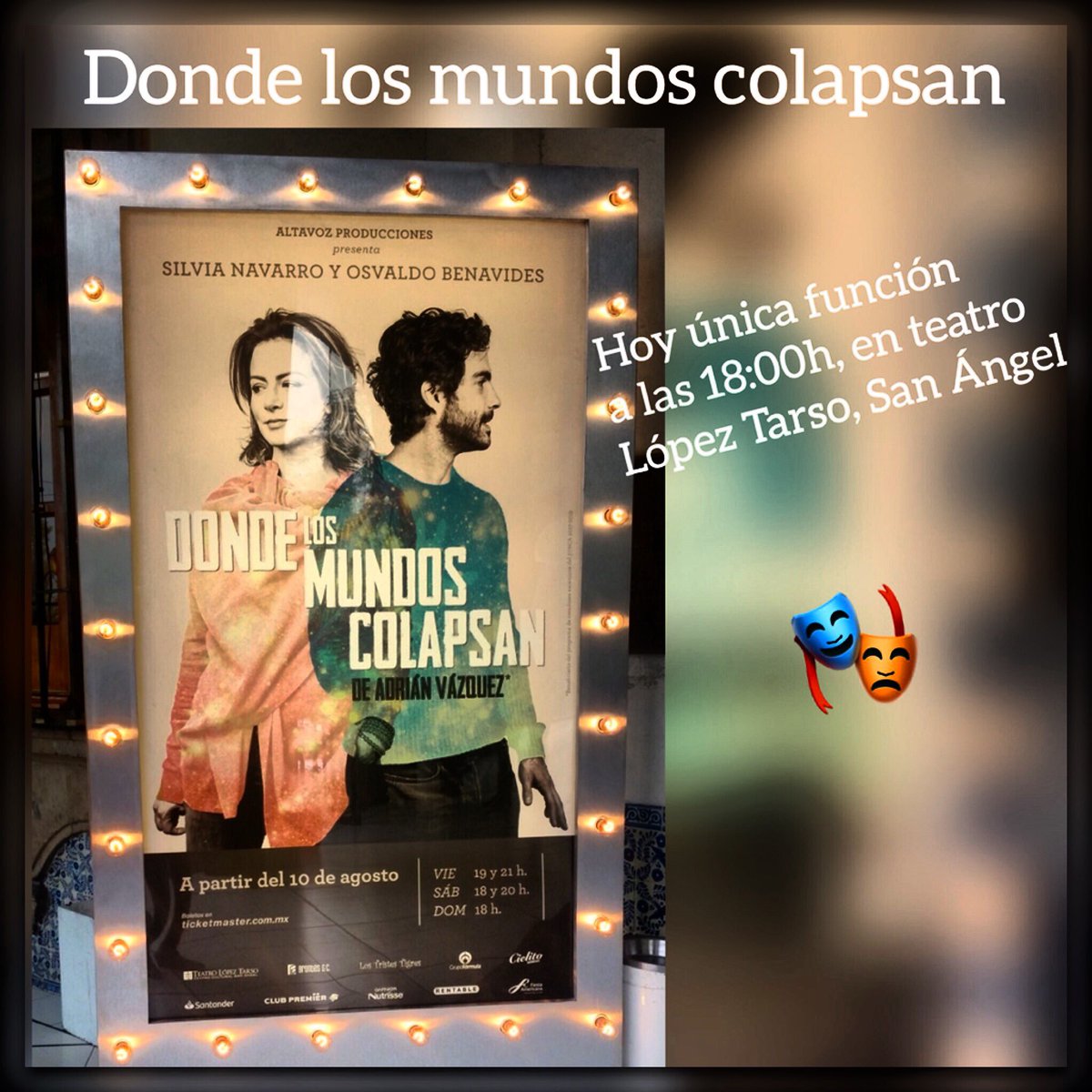 NTEspana_O's tweet photo. HOY pronosticaron día lluvioso☔️ en #CDMX Por eso, nada mejor que ir al #teatro🎭 y disfrutar @dondelosmundos , una maravillosa puesta en escena, un exquisito texto ✍🏻 por @vazquezadrian75 y, @silvnavarro @osv_benavides ESPLÉNDIDOS en sus personajes👌🏻 Véanlo y disfrútenlo. https://t.co/osl03R8S4C