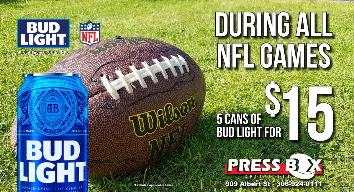 pressboxregina's tweet photo. NFL Sunday Football - During every NFL game this season enjoy 5 cans of Bud Light for $15 https://t.co/7WagvNdBDm