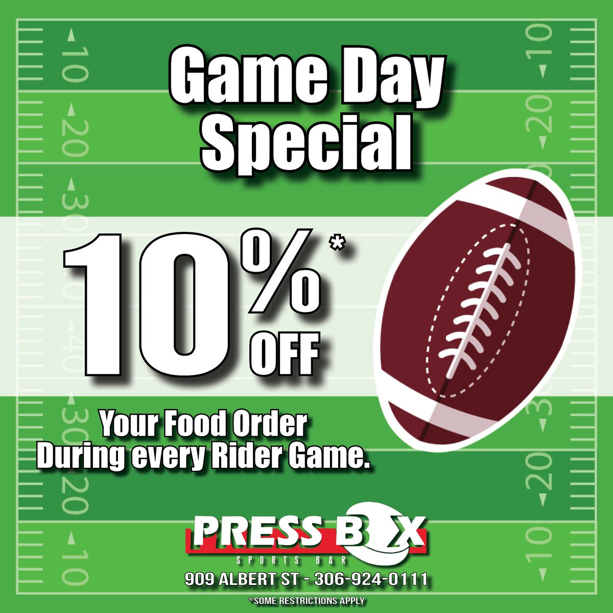 pressboxregina's tweet photo. Come on by and cheer on the Riders. Game Day - Sunday, Sept 30th,  11:00am - Riders vs Alouettes. 10% off your food order during the game.#PressBoxSportsBar 909 Albert St. https://t.co/jHAivqMK1L