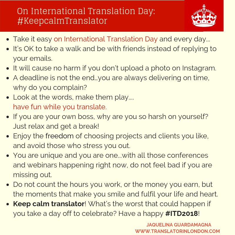 JaquiTranslates's tweet photo. It's International #translation day! Happy day to all my colleagues! #keepcalmtranslator #itd2018 #translators #xl8 #thisistranslation https://t.co/nW9qcd6rdT