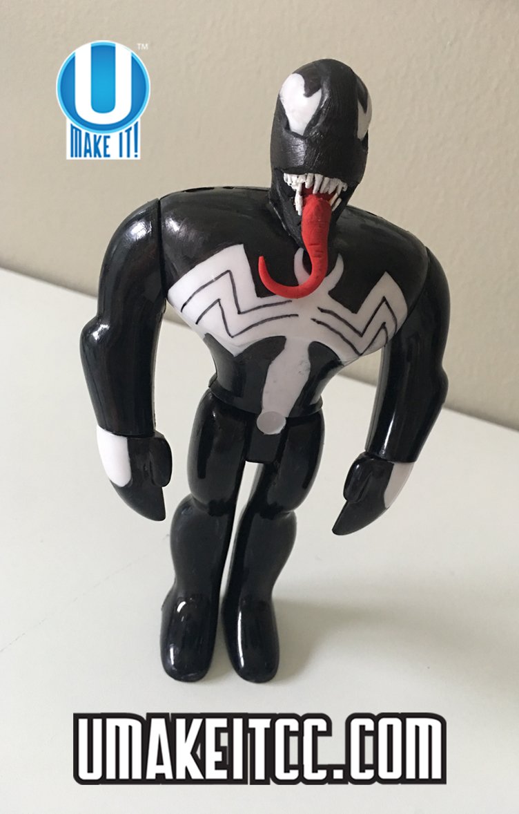 Venom hits theaters this week! Make your own Venom figure w/CC. This guy was made with permanent marker, Sculpey & toothpicks(for that 'toothy' grin). Who will you make?#venom #art #create #craft #kidscraft #kidsart #steam #steamkids #steamactivities #kids #actionfigures #marvel