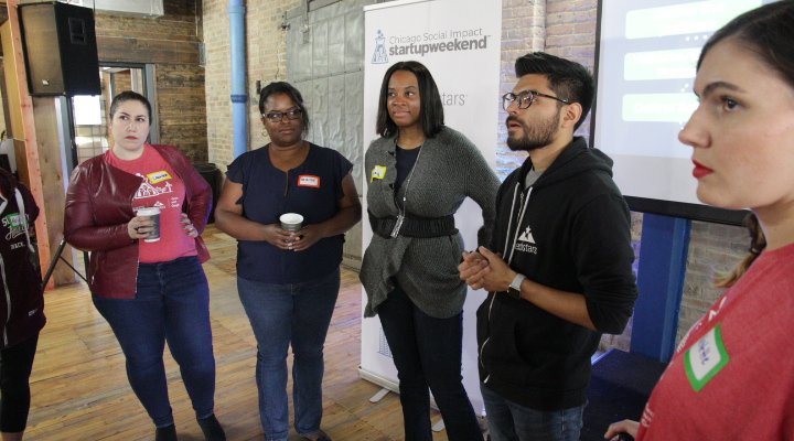 SWChicago's tweet photo. #StartupWeekends mentors powwow @thebluelacuna. @BrigitteAnder17 Melissa of @HealthAVIA, Nicolette of Do it Better Design) and @lcollalt

Today is #DemoDay, and teams are preparing to present before the judges panel @mensogi @BethBond &amp; Michael Tu of @VoyantDiagnostx. https://t.co/EyzE0jxNlt