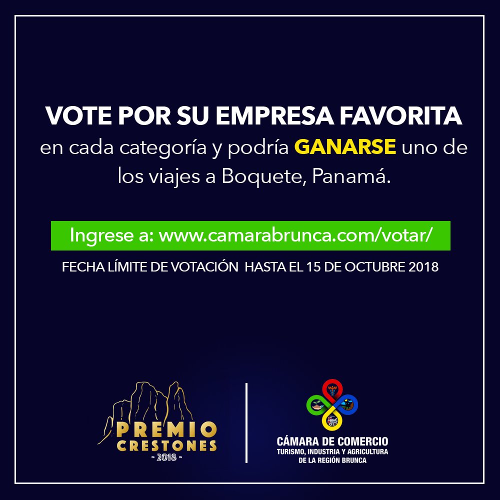 Les invitamos a ser parte de la votación para el "Premio #Crestones 2018", organizado por la Cámara de Comercio de Pérez Zeledón. Es abierto y pueden votar en:
bit.ly/votocrestones (dar un momento a que cargue el formulario). Además participa por un viaje a #Boquete. 😀