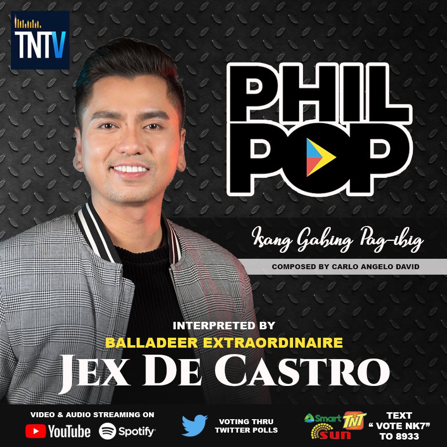 polarisabscbn's tweet photo. Vote for Jex De Castro on his PhilPop song entry "Isang Gabing Pag-ibig"

For video streaming on Youtube: https://t.co/SowYBqFVaz

For audio streaming on Spotify:
https://t.co/0SZjNT1eVu…

For Twitter vote:

Go to https://t.co/Jy6MacEE8s…
and click #IsangGabi 

Thank you! https://t.co/El8ZzSi82w