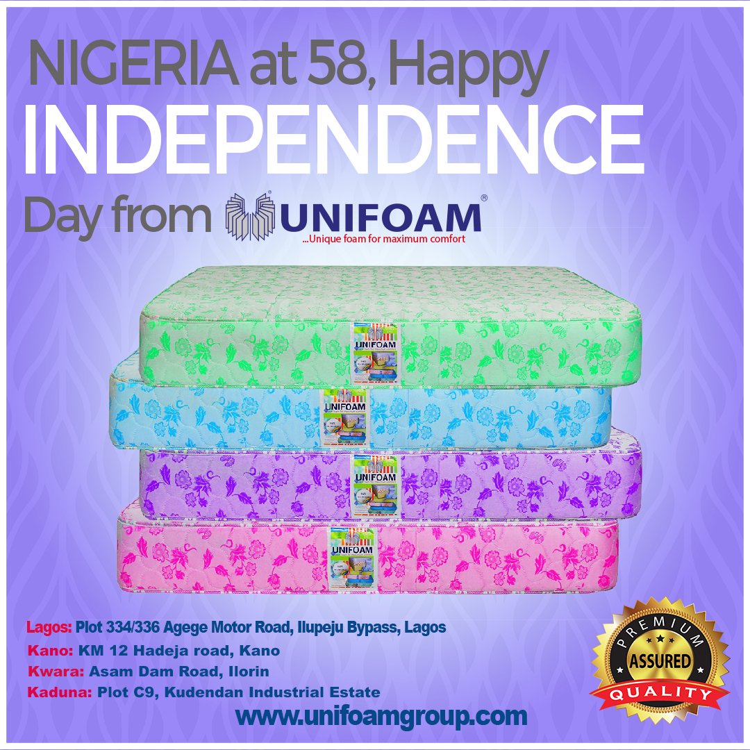 UnifoamGroup's tweet photo. Nigeria at 58, Happy Independence Day from all of us at UNIFOAM Group.
#UNIFOAMGroup #Foam #Mattress #Nigeria #SundayMotivation #NigeriaAt58 #happyindependenceday #ISN #S81 #Nigerian #Bestmattress Unifoam Unifoam https://t.co/fgImTFuOjm