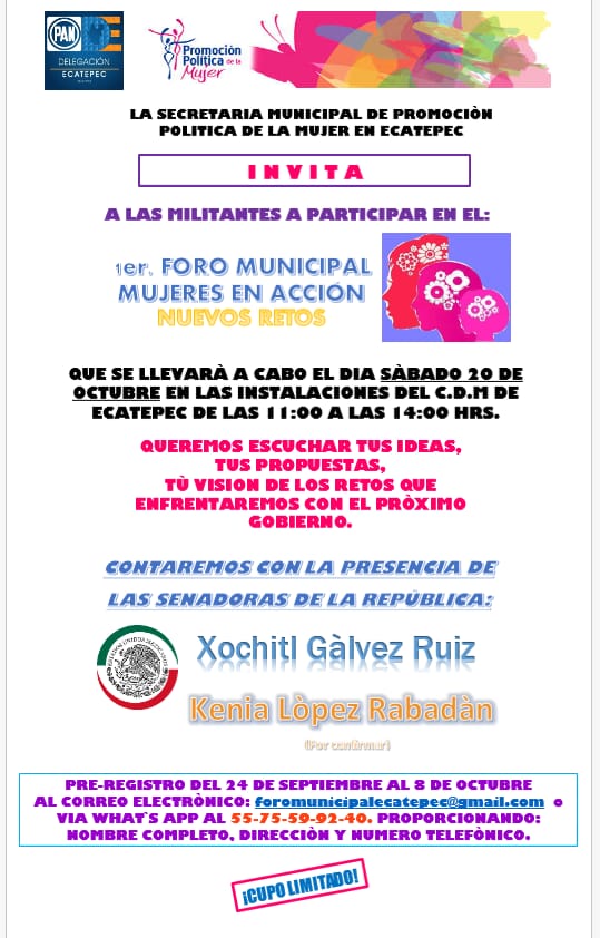 Cap_En_Accion's tweet photo. La Secretaría de Promoción Política de la Mujer del PAN Ecatepec. a través de su titular, @Doritaponcet, tienen el gusto de invitarlas a este evento.

#FormarParaTransformar https://t.co/wjKBAaE2KP