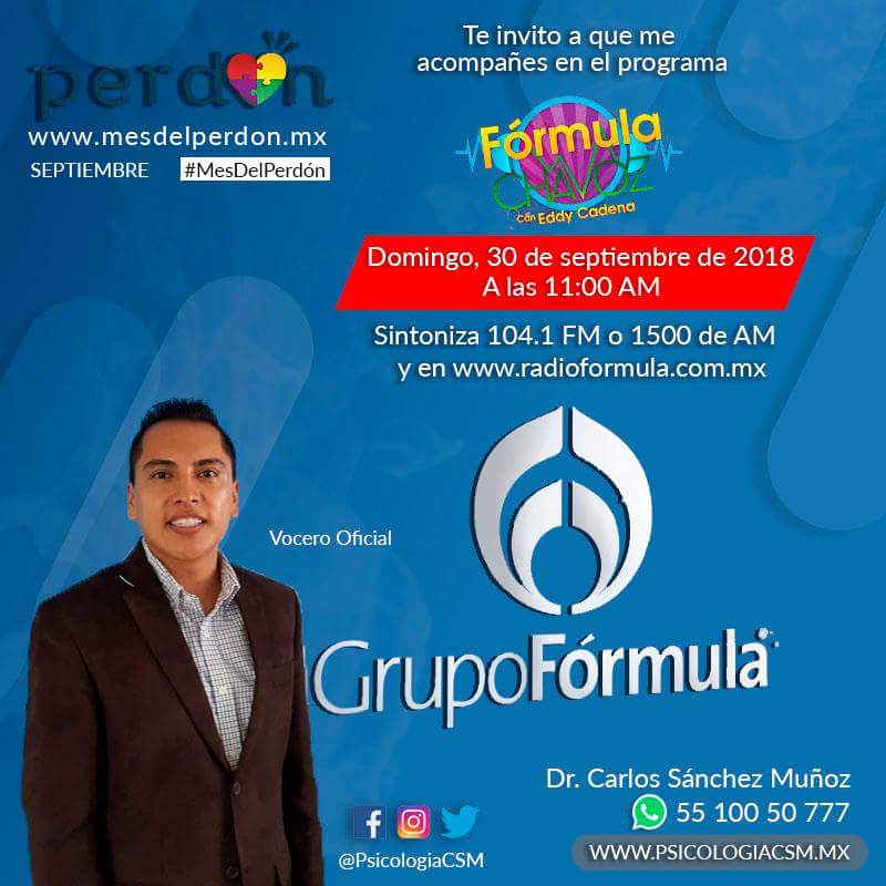 MxPerdon's tweet photo. No olviden que hoy, a las 11:00 hrs, Carlos Sánchez, psicólogo, psicoterapeuta, coach y vocero de la campaña #MesDelPerdón estará presentándose en @Radio_Formula 104.1 FM. 

No te lo pierdas, conoce más sobre esta increíble campaña. https://t.co/PbaHCNzRzA