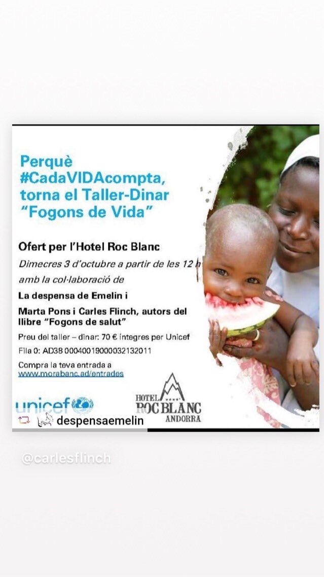 mpjansana's tweet photo. Dimecres 3 d’octubre, 3a edició del #tallerdinar Solidari per @unicefandorra A l’ @HotelRocBlanc. Apunta’t a cuinar per una molt bona causa! Amb @CarlesFLINCH, @mpjansana i @DespensaEmelin #fogonsdevida #fogonsdesalut https://t.co/uRVIaMePU0