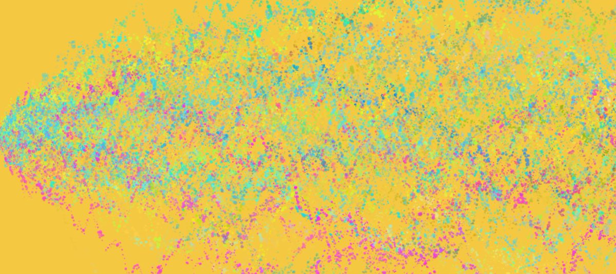 A yellow background overlaid with a messy band of rainbow dots