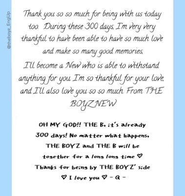 theboyz_EngUp's tweet photo. @Creker_THEBOYZ {ENG TRANSLATION} THE BOYZ DEBUT 300DAYZ MESSAGES🎂

♡ HAPPY 300 DAY ANNIVERSARY WITH THE BOYZ! ♡ 

#20181001 #THEBOYZ #더보이즈 #THEBOYZ300DAYZ https://t.co/ERjs2eCuea
