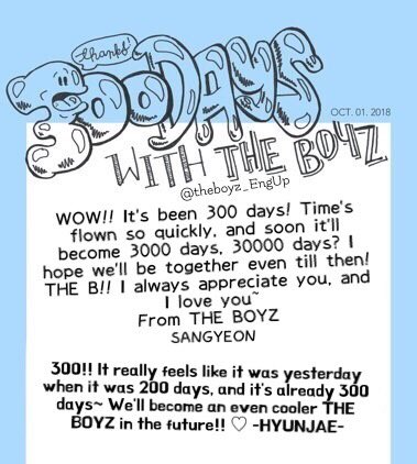 theboyz_EngUp's tweet photo. @Creker_THEBOYZ {ENG TRANSLATION} THE BOYZ DEBUT 300DAYZ MESSAGES🎂

♡ HAPPY 300 DAY ANNIVERSARY WITH THE BOYZ! ♡ 

#20181001 #THEBOYZ #더보이즈 #THEBOYZ300DAYZ https://t.co/ERjs2eCuea