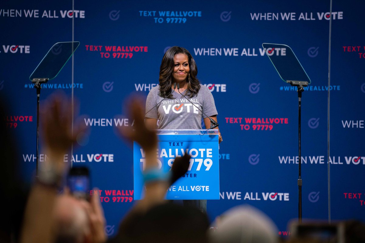 WhenWeAllVote's tweet photo. “Keep talking about voting until every single person in your life makes being a voter a part of who they are.” —@MichelleObama 
 
Show five friends how to register to vote. Tell them to text WeAllVote to 97779 or go to https://t.co/TgXnKAVIEI to get started. #WhenWeAllVote https://t.co/n2RoCCfI1p