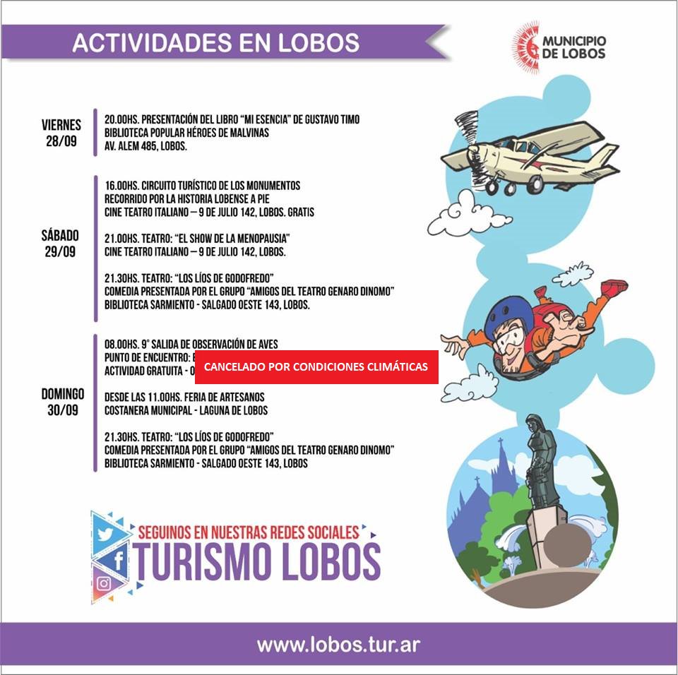 TurismoLobos's tweet photo. #BuenDomingo disfruta #EsteFinde en #Lobos
#Teatro #Cine #Actividades #SentiLobos #LobosSosVos https://t.co/BcnmQZtdKn
