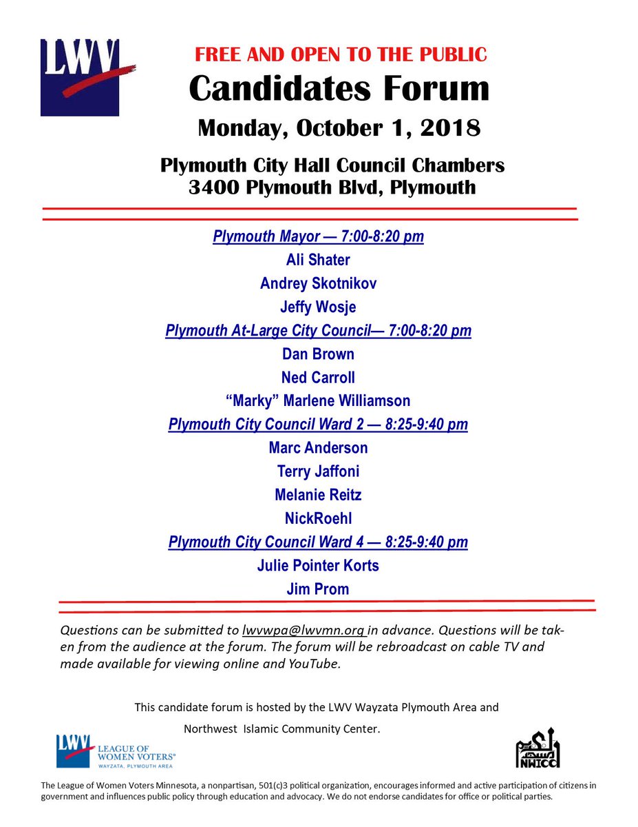 Candidate Forum! Join LWVWPA at Plymouth City Hall at 7 pm for the Plymouth Mayor and At-Large, Ward 2 and Ward 4 City Council candidate forums! Come out and hear what the candidates have to say! #InformedVoters