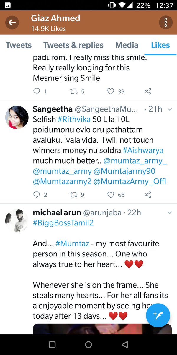uwallewall's tweet photo. Some of the tweets that Mumtaj's "brother" has liked......and he has the cheek to qn Nithya on what tweets she likes ? 
Whole family hypocrites pola.....

#BiggBossTamil2 
#BiggBossTamil https://t.co/MuQ7cKFQ7S