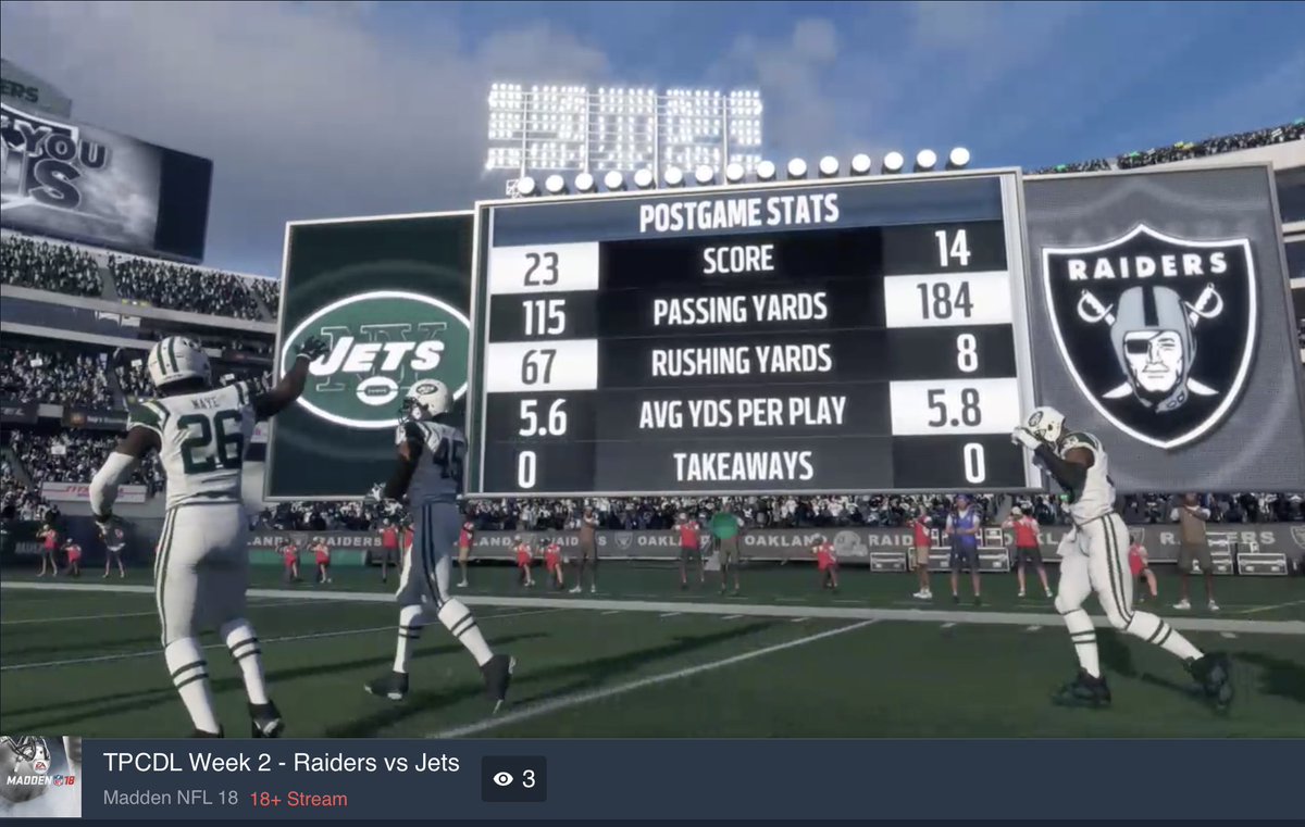 TheTPCDL's tweet photo. The Jets topple the Raiders 23-14 in a close one. Stats will be updated shortly, we are moving on to Week 3.

#TPCDL https://t.co/cvXoGyIBkw