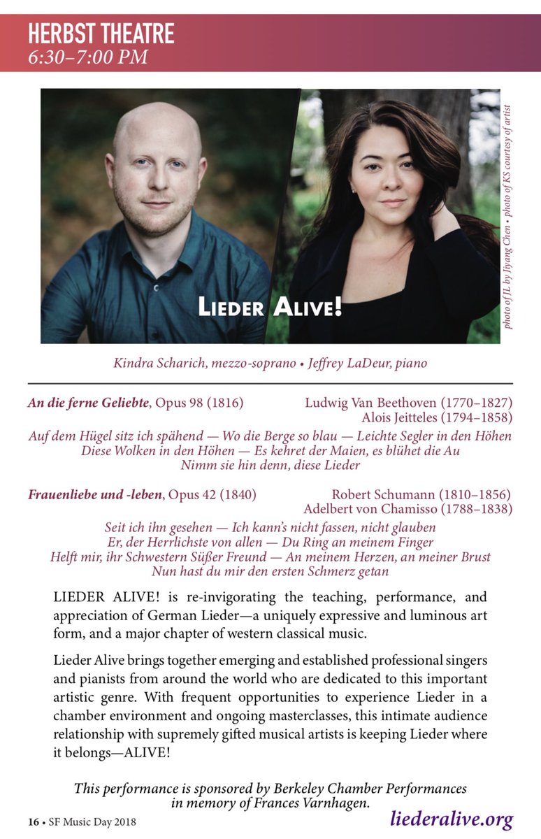 LIEDER ALIVE! (@liederalive) on Twitter photo Join us today at 6:30 pm at Herbst Theater in San Francisic for this program presented as part of <a href="/InterMusicSF/">InterMusicSF</a>’s SF Music Day. (A free community event.) Join us today at 6:30 pm at Herbst Theater in San Francisic for this program presented as part of <a href="/InterMusicSF/">InterMusicSF</a>’s SF Music Day. (A free community event.)
