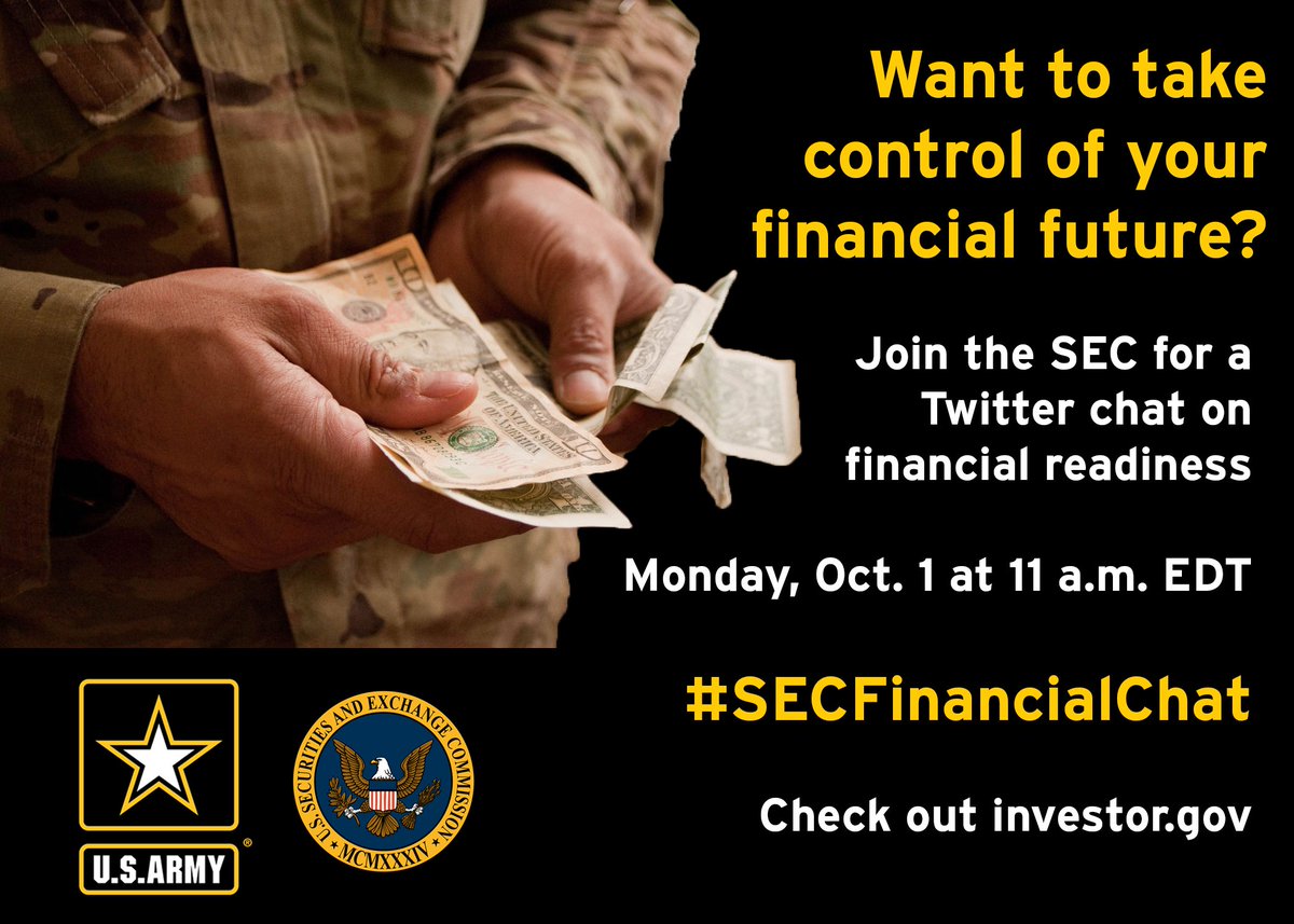 USArmy's tweet photo. #USArmy Soldiers, Veterans and spouses, do you have personal finance questions?  If so, join us with Lori Shock from @SEC_Investor_ed and Kim Myers with @DODFINRED for a live Twitter chat on Monday, Oct. 1 at 11 a.m. EDT.  If you have a question, reply with #SECFinancialChat https://t.co/7HjXTI1sIq