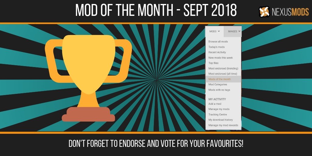 NexusSites's tweet photo. That concludes our #ModoftheMonth features for September! What were your favourite mods from this month? Don't forget to check the #ModoftheMonth section in October to see the community's favourites.  

https://t.co/wAcBbO6I93 

#NexusMods https://t.co/y4ORgSrF9H