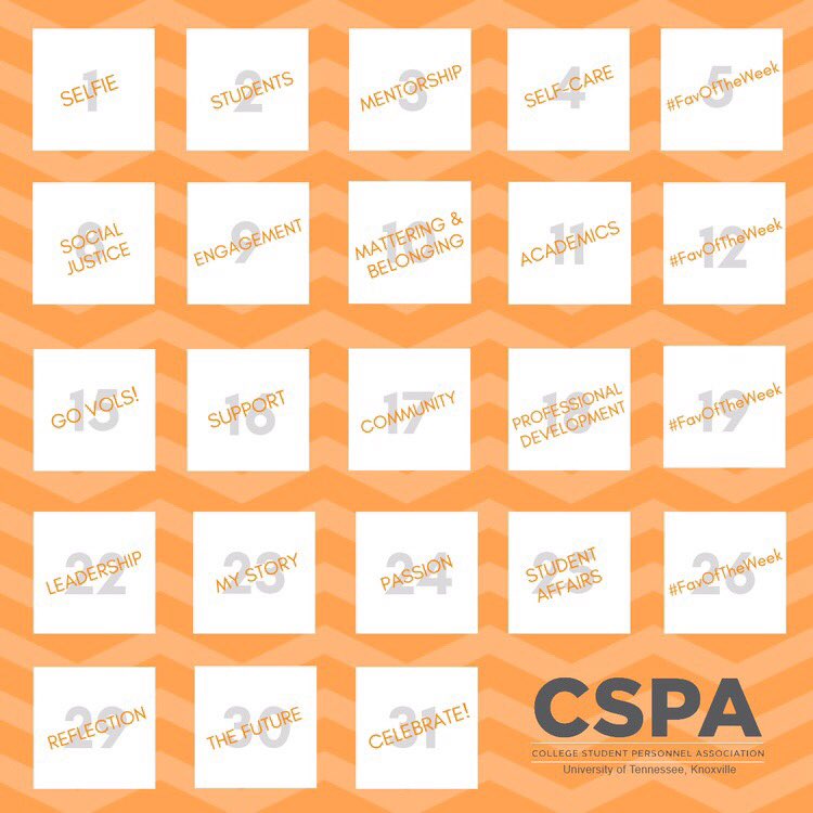 To celebrate you, your students and our profession, CSP will be hosting a IG photo challenge starting on Monday. To participate, follow <a href="/VOLCSP/">UTK CSPA</a> on Instagram, and each day post a picture related to the “Topic of the Day”. Tag <a href="/VOLCSP/">UTK CSPA</a>, for a chance to get featured!