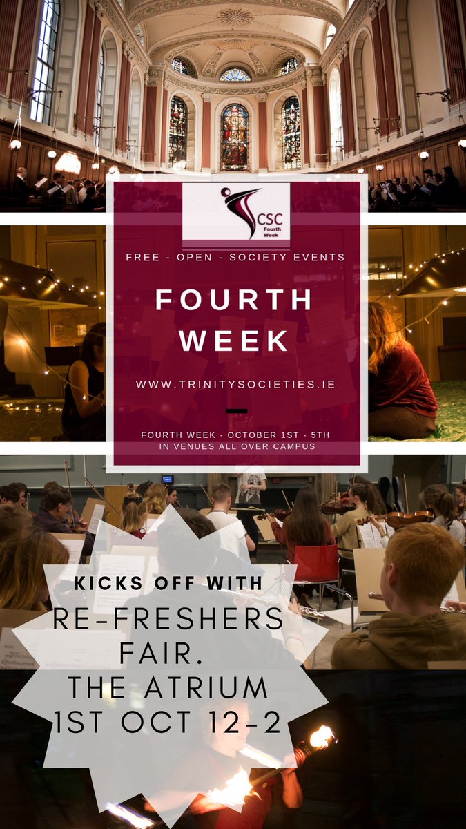 CSCtcdie's tweet image. Tomorrow we're kicking off for #FourthWeek in  @tcddublin with a Re-Freshers Fair - an opportunity for those who missed Freshers Week to join a student society. 
Location the Atrium (down the ramp to the left of the Dining Hall) ow.ly/Fgy230lYTgq #GoFourth