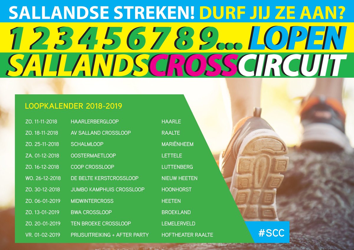 Goed voorbereid aan de start komen <a href="/SallandsCross/">SallandsCrossCircuit</a>. Jeugd 12 t/m 18 jaar (loopt 3km) volg de clinics <a href="/PTielbeek/">Paul Tielbeek</a> @AVSalland 
zo 14 okt veld AVSalland Ramele
zo 21 okt bos Luttenberg
za 27 okt zandkuil Hellendoorn
zo 4 november Haarlerberg
Aanvang: 10:00 u., duur: 1 u.
Kosten: geen