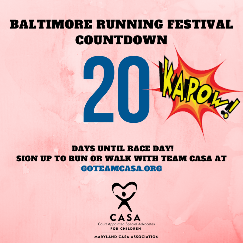 Is 20 days long enough to start getting in shape? You bet! Still plenty of time to train for the race AND sign up to run/walk with Team CASA for Children!
#charitywalk #charityrun #baltimorerunningfestival #fundraiser #volunteerwork #charity #nonprofit #volunteer