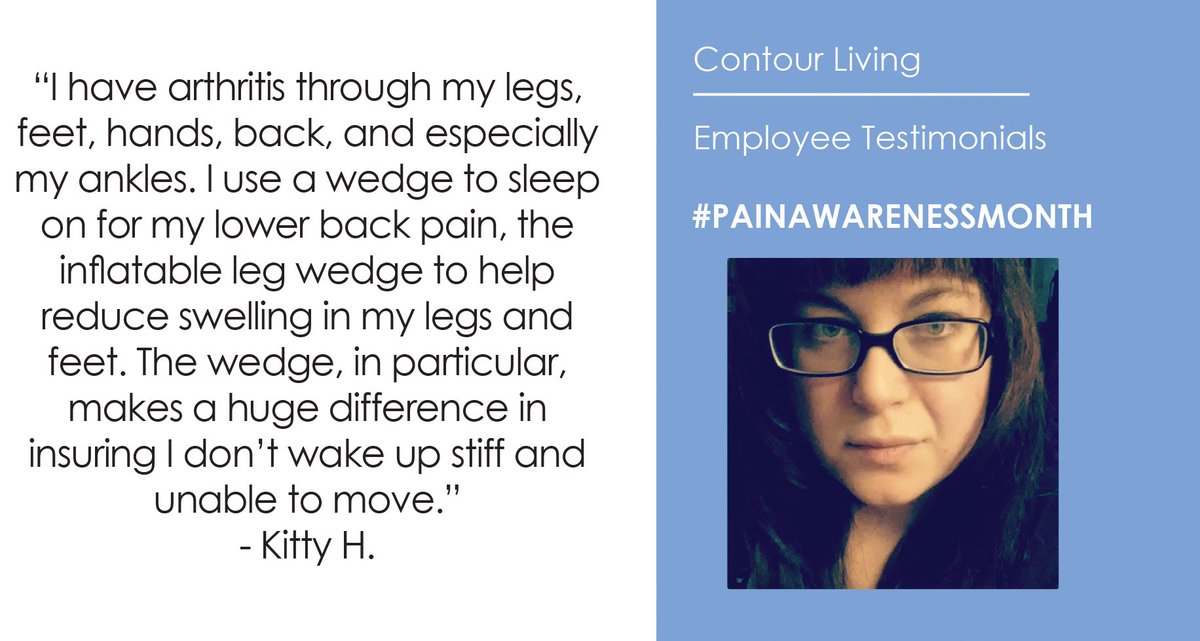 ContourLiving's tweet photo. Pain Awareness Month is coming to an end but at Contour Living our mission to help people in pain continues! Our wedges are one of the many products that help people like Kitty deal with their #arthritis 
#PainAwarenessMonth #painwarriorsunite #PAM2018 #USPain #USPainFoundation https://t.co/uwqQM7s0lT